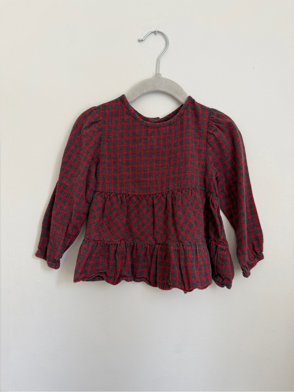 Zara Red & Black Plaid Ruffle Long-Sleeve Top (Size 2-3)